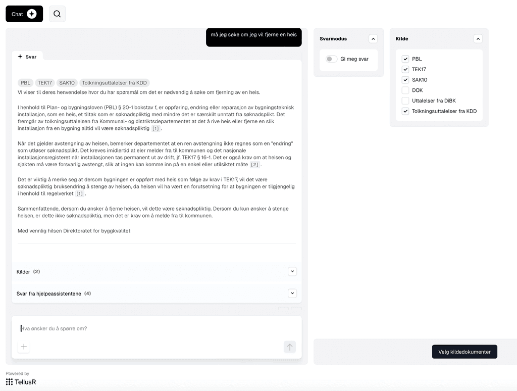 TellusR AI Dialogue – skjermbilde av chatgrensesnitt